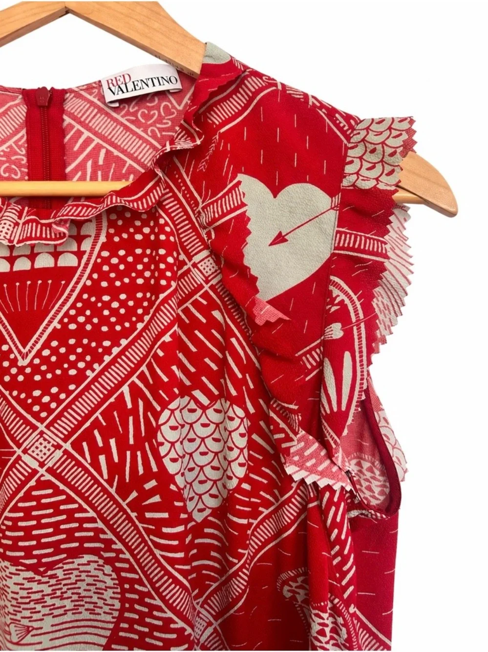 RED Valentino Heart Print Ruffle Dress Flutter Sleeve Drop Waist Designer - Picture 3 of 5